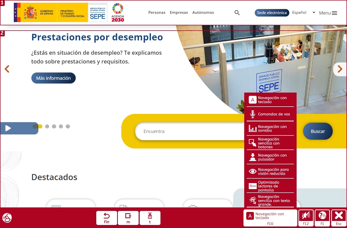 screenshot of the SEPE website with the inSuit Tools® accessibility platform activated